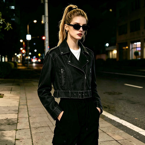 Damen Modische Cropped Bikerjacke Echo Archiv