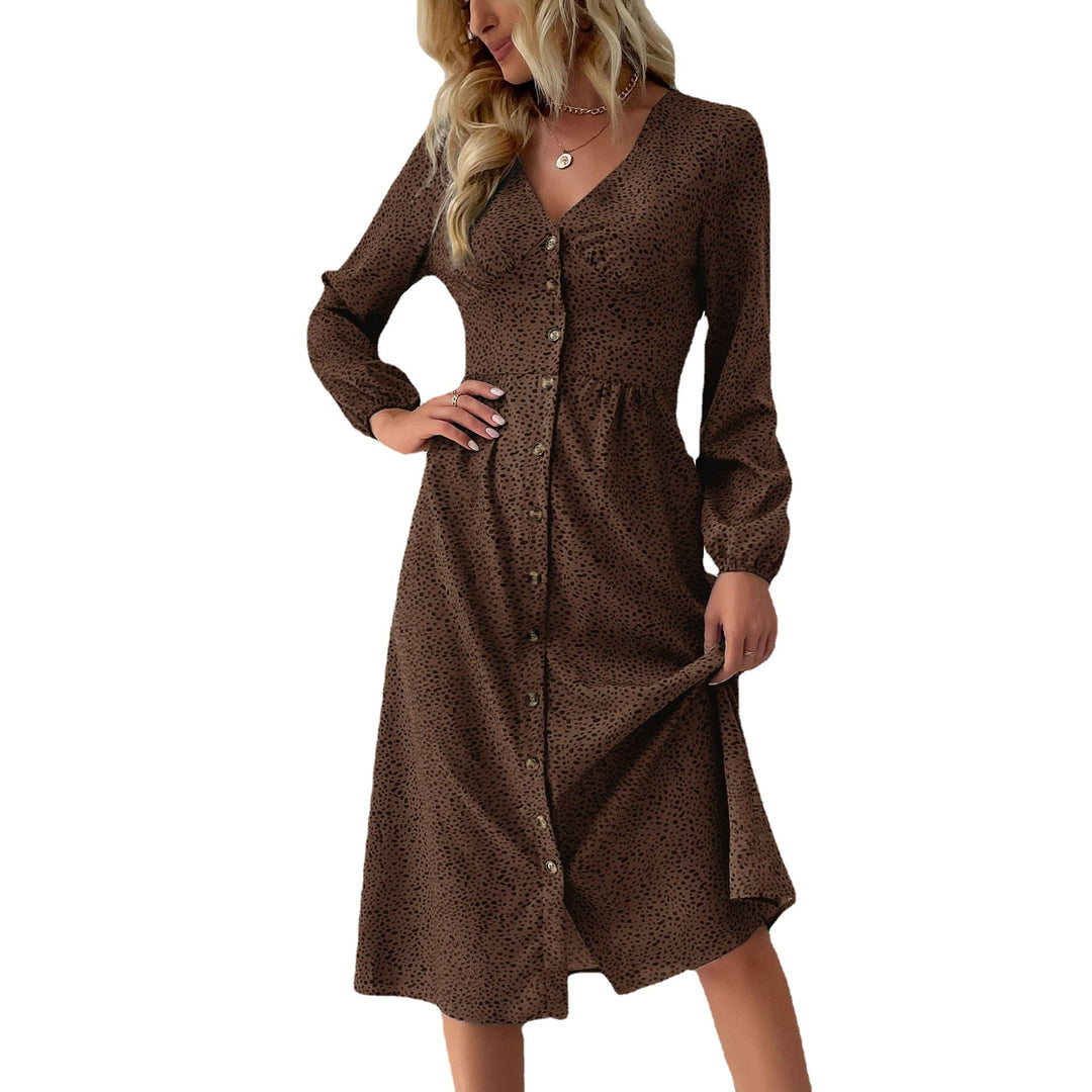 Damen V‑Ausschnitt Midikleid mit Knopfleiste, taillierter Schnitt und Ballonärmeln Echoarchiv