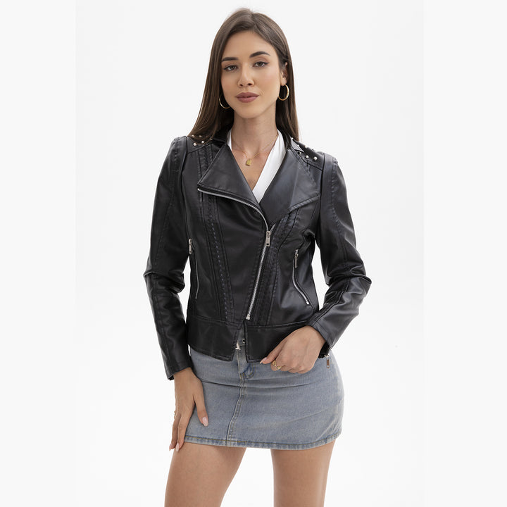 Damen nan taillierte Bikerjacke aus Kunstleder mit Nieten und asymmetrischem Reißverschluss Echo Archiv
