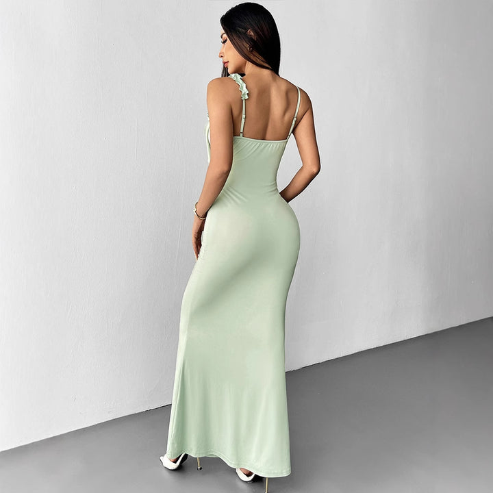 Damen Elegantes Maxikleid mit floralem Necktie und asymmetrischen Rüschen Echo Archiv