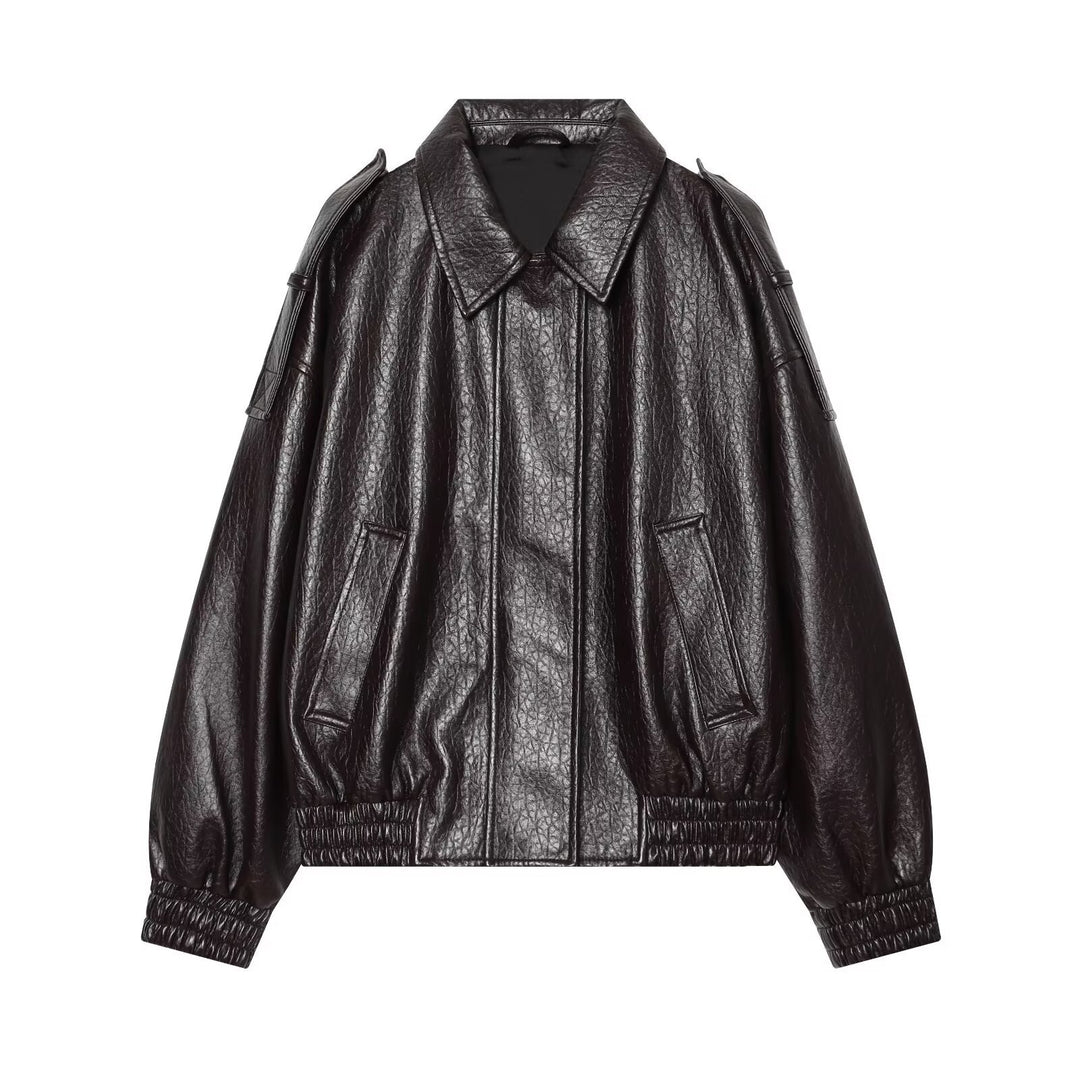 Damen Oversized Kunstleder-Bomberjacke mit Schulterklappen und gerafftem Saum Echo Archiv