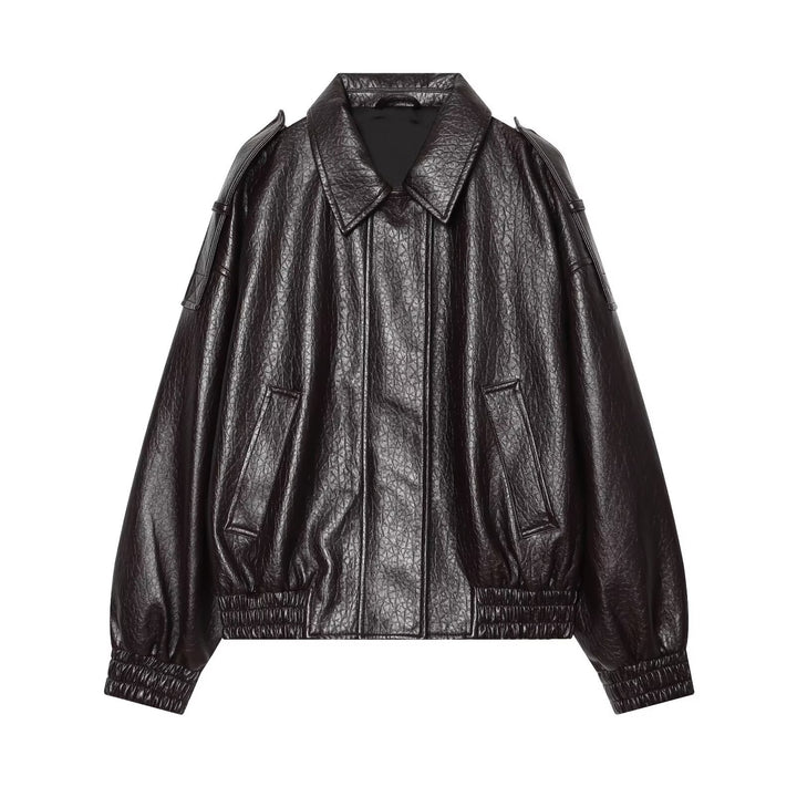 Damen Oversized Kunstleder-Bomberjacke mit Schulterklappen und gerafftem Saum Echo Archiv
