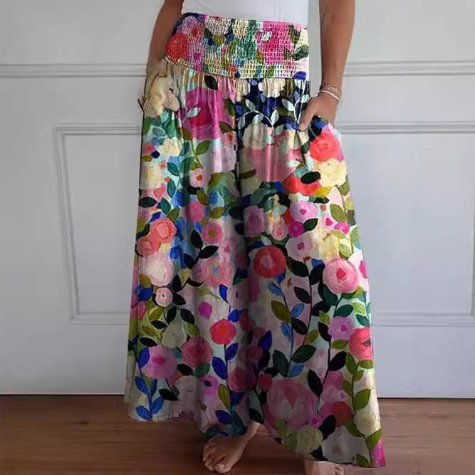 Damen-Maxi-Rock mit hohem Smockbund, weitem Fall und seitlichen Taschen – Valéora
