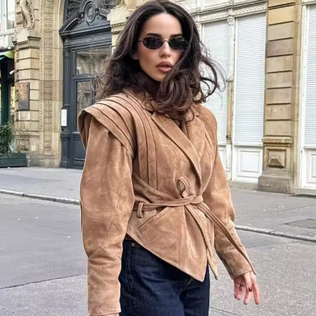 Damen nan taillierter Wildlederoptik Blazer mit Wickelgürtel und gerafften Schultern Echo Archiv
