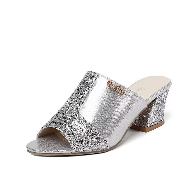 Damen nan elegante offene Pantolette mit feinem Netz, funkelnden Applikationen und mittelhohem Blockabsatz Echo Archiv