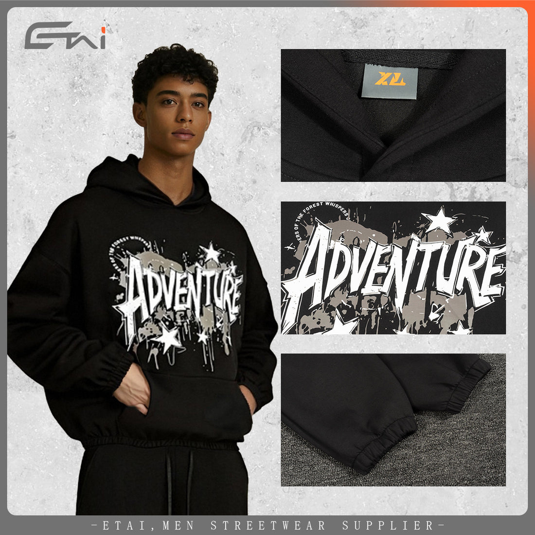Unisex Oversized Kapuzenpullover mit großflächigem Grafikprint, Kängurutasche und elastischem Saum Echo Archiv