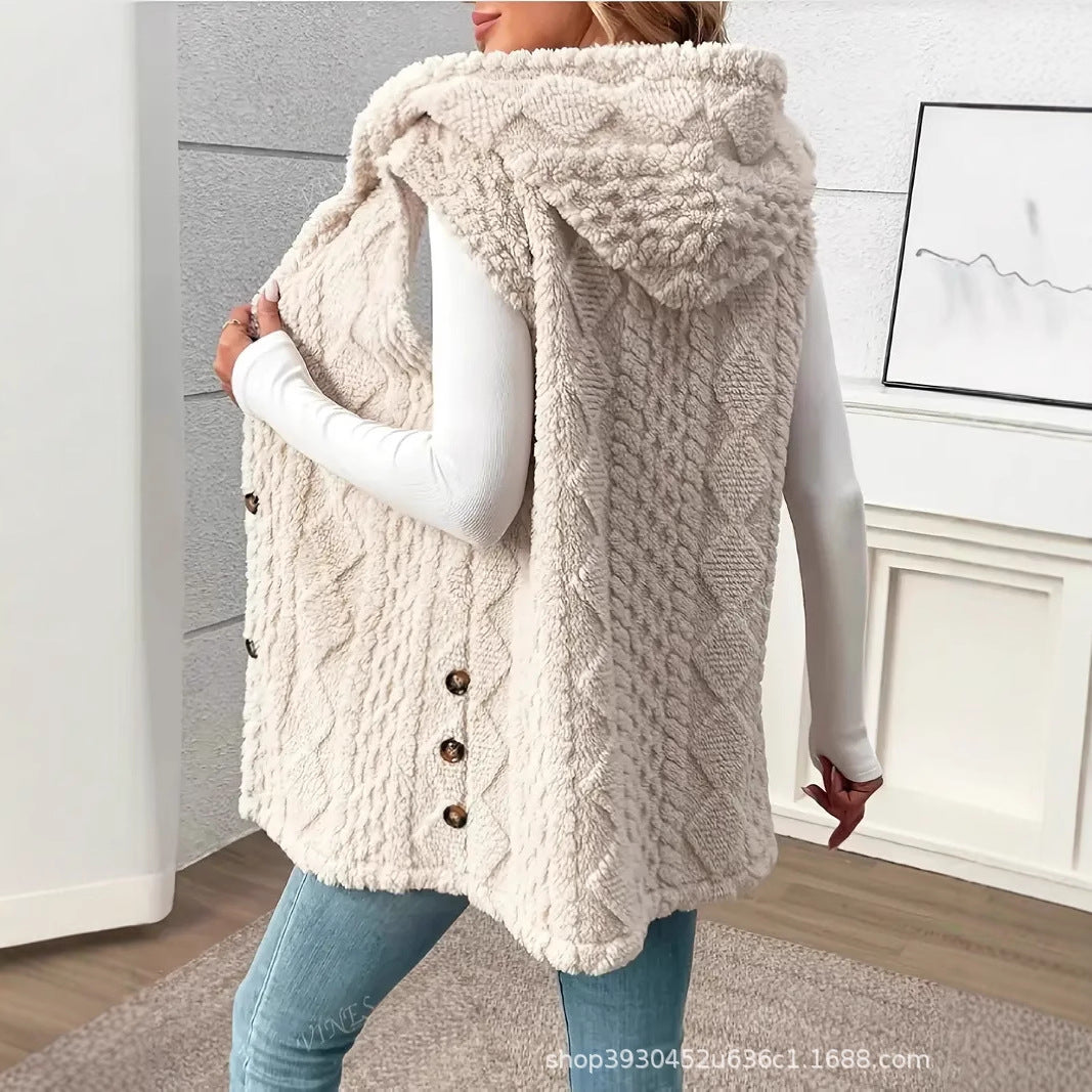 Damen Gefütterte Teddy-Weste mit Kapuze und Knopfverschluss Echo Archiv