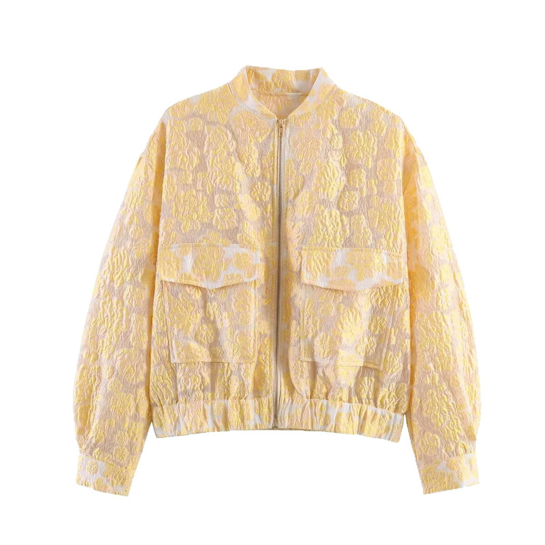 Damen Cropped Jacquard‑Blousonjacke mit Metallreißverschluss und Pattentaschen Echoarchiv