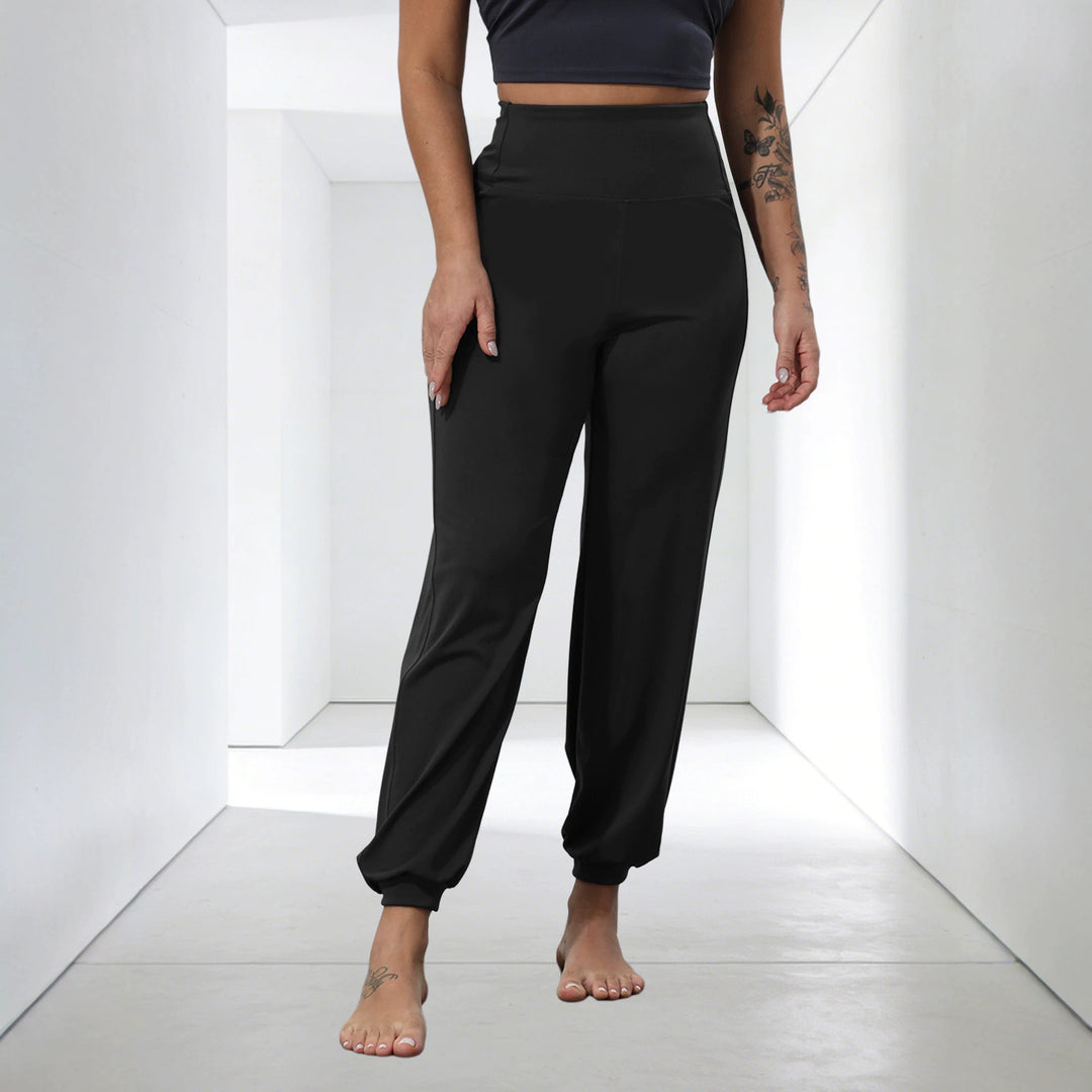 Damen weiche High-Waist Relax-Hose mit weitem Bein, elastischem Komfortbund und gekräuseltem Knöchelabschluss – Avélisse