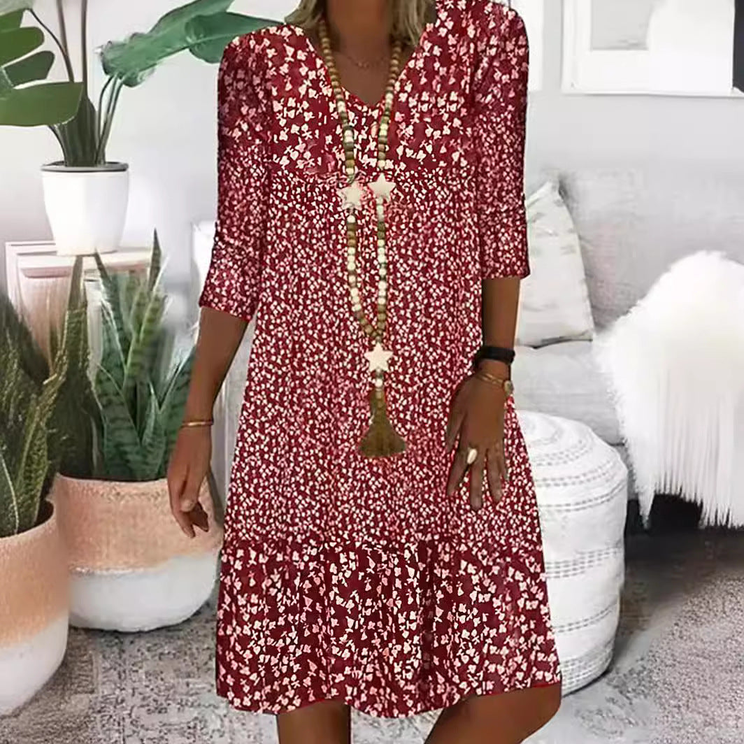 Damen Freizeit Stufen Kleid mit V-Ausschnitt und drei Viertel Ärmeln im floralen Allover-Druck – Lunéa