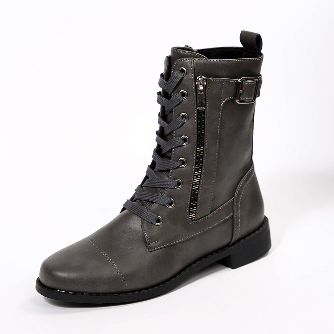 Damen nan robuste Schnür-Bikerstiefelette mit seitlichem Reißverschluss und Ziergurt Echo Archiv