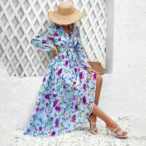 Damen luftig-fließendes Chiffon-Maxikleid mit Taillen-Cutouts, Rüschen-V-Ausschnitt und langen, transparenten Ärmeln – Valéora