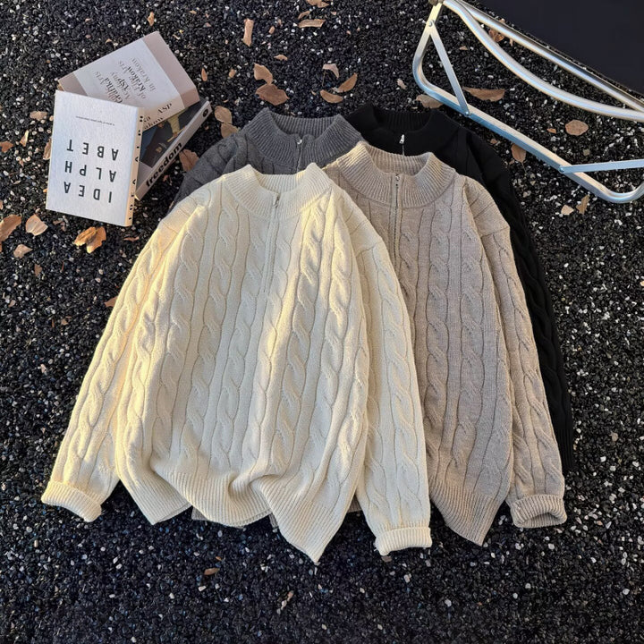 Unisex Oversize-Zopfmuster-Halbzip-Pullover mit extra hohem Rippkragen und schwerer Baumwollmischung Echoarchiv