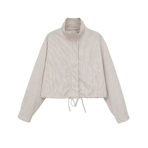 Damen Karierte Cropped-Jacke mit Stehkragen, Tunnelzug und verdecktem Reißverschluss Echo Archiv
