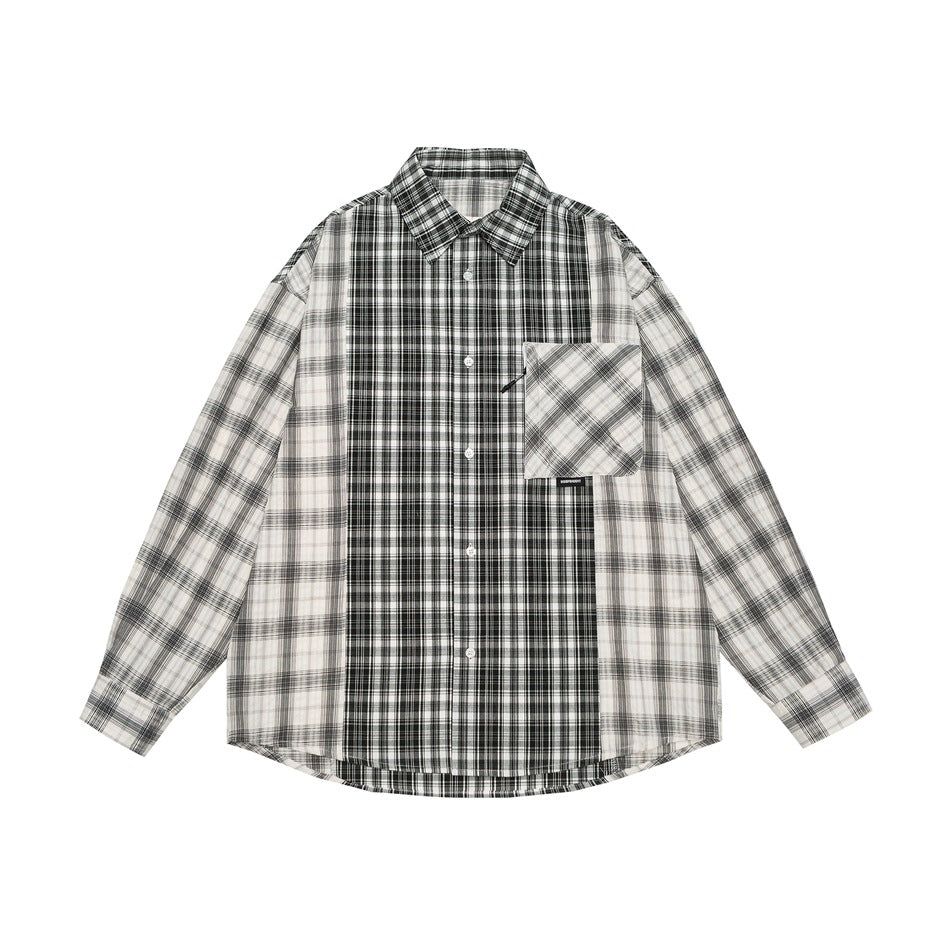 Unisex Kariertes Overshirt im Patchwork-Look mit Brusttasche Echoarchiv