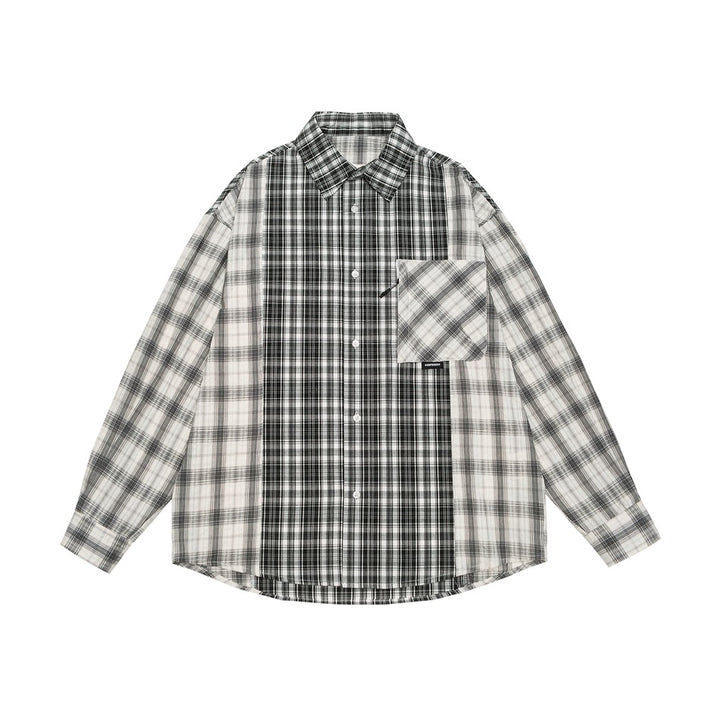 Unisex Kariertes Overshirt im Patchwork-Look mit Brusttasche Echoarchiv