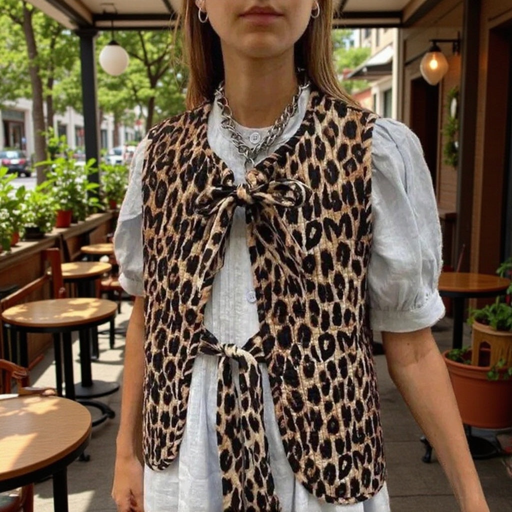 Damen Ärmellose Leoparden-Print-Weste mit Bindeschleifen und strukturierter Oberfläche Echo Archiv