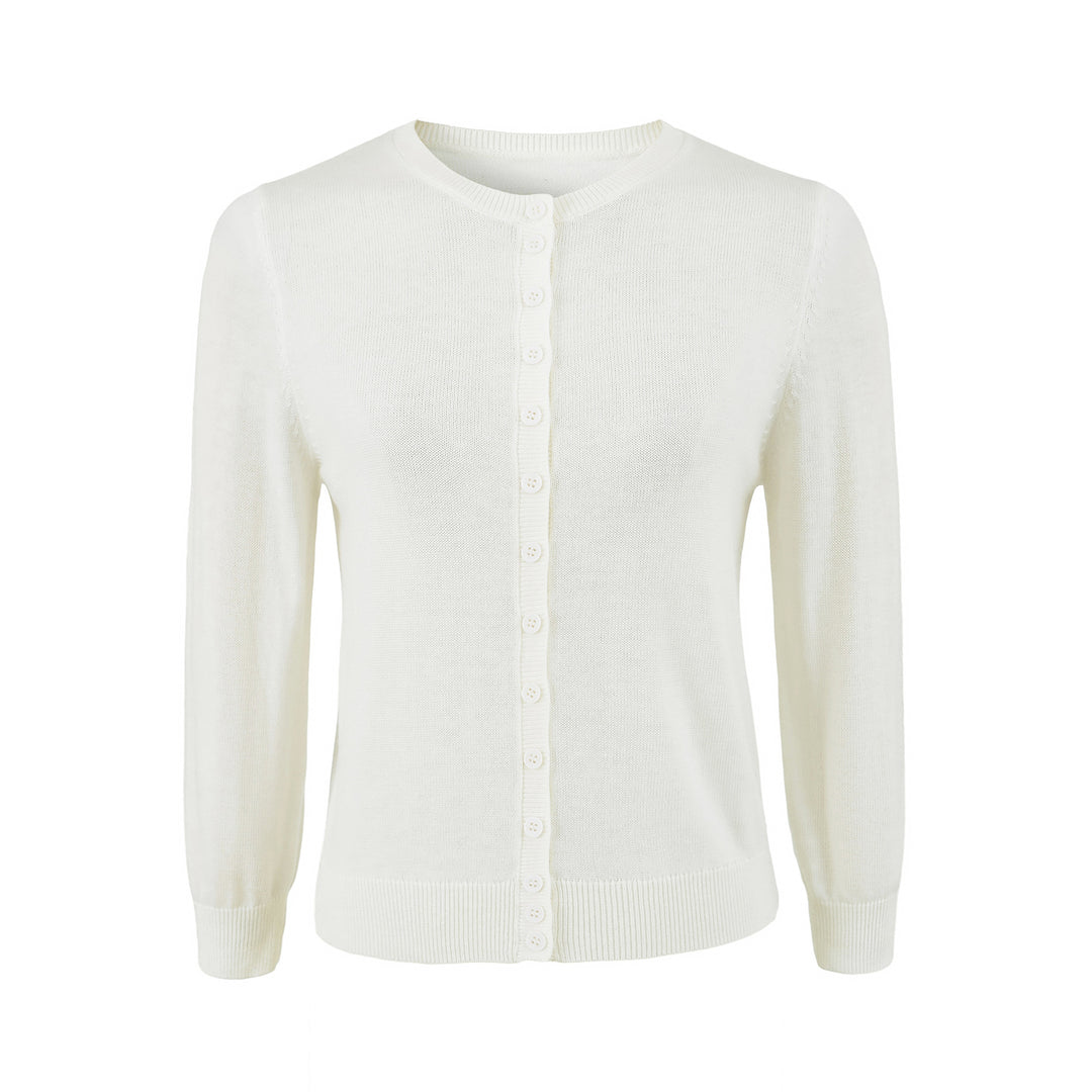 Damen Fein gestrickte Rundhals-Strickjacke mit Knopfleiste und Rippbündchen Echoarchiv