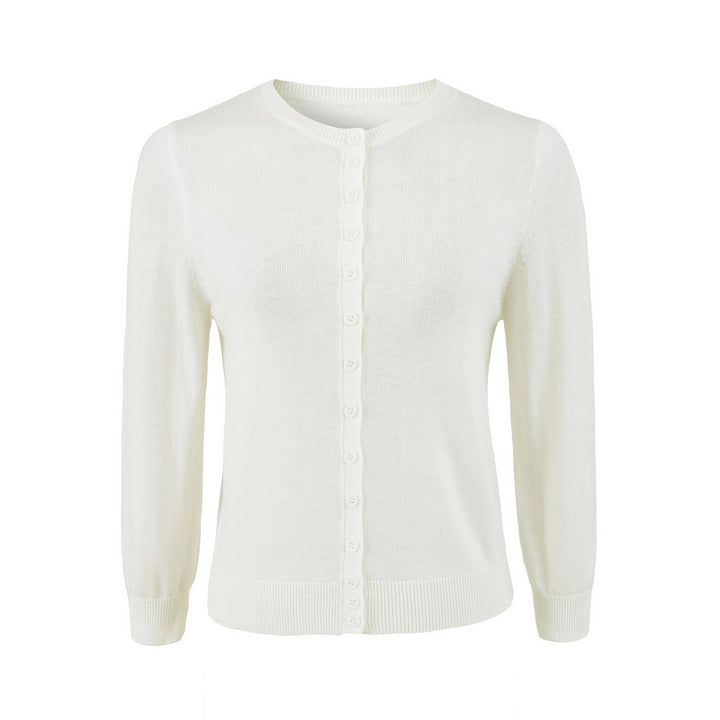 Damen Fein gestrickte Rundhals-Strickjacke mit Knopfleiste und Rippbündchen Echoarchiv