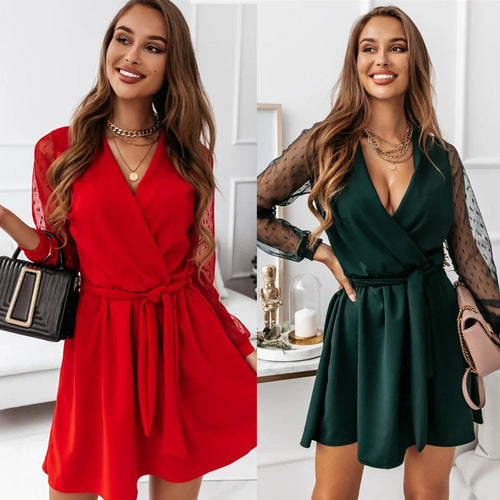 Damen Wickelkleid mit transparenten Puffärmeln und tailliertem Schnitt – Élara