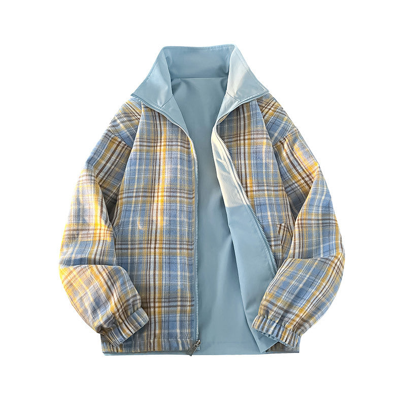Unisex Wende-Utility-Jacke mit kariertem Innenfutter, Stehkragen und elastischen Bündchen Echo Archiv