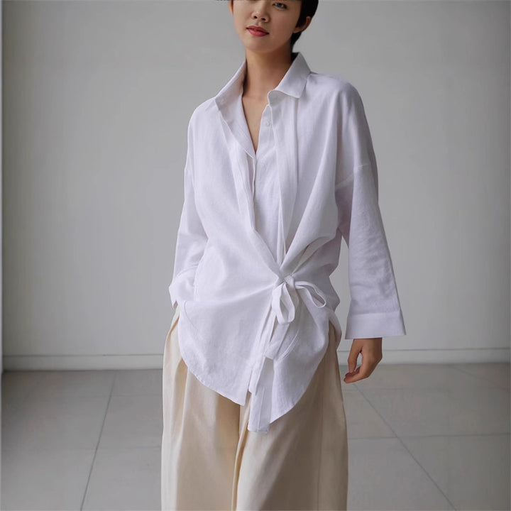Damen Wickel-Langbluse aus Leinenmix mit Seitenschleife und Oversize-Schnitt – Élovi