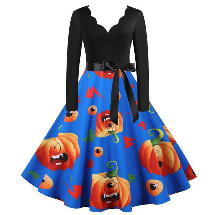 Damen Vintage Swing Kleid mit Halloween-Kürbis-Print und Taillengürtel – Élara
