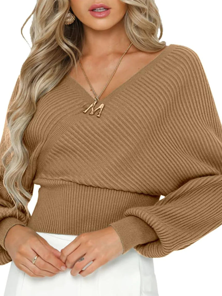 Damen nan gestrickter Off-Shoulder Cropped-Pullover mit Wickeloptik und Ballonärmeln Echo Archiv
