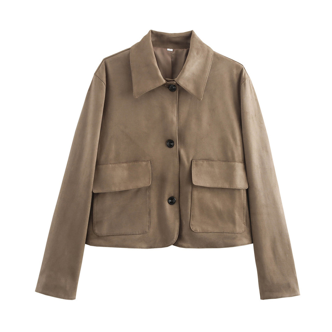 Damen Boxy-Kurzjacke aus Wildlederoptik mit Hemdkragen und aufgesetzten Pattentaschen Echo Archiv