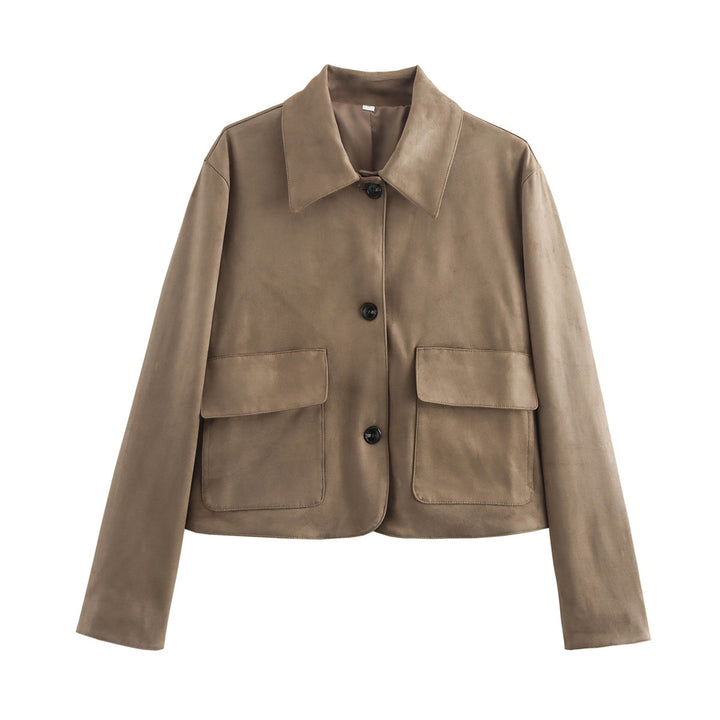 Damen Boxy-Kurzjacke aus Wildlederoptik mit Hemdkragen und aufgesetzten Pattentaschen Echo Archiv