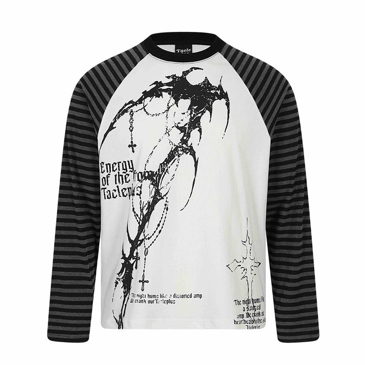 Unisex Langarmshirt im Raglanstil mit Gothic-Print und gestreiften Ärmeln Echoarchiv
