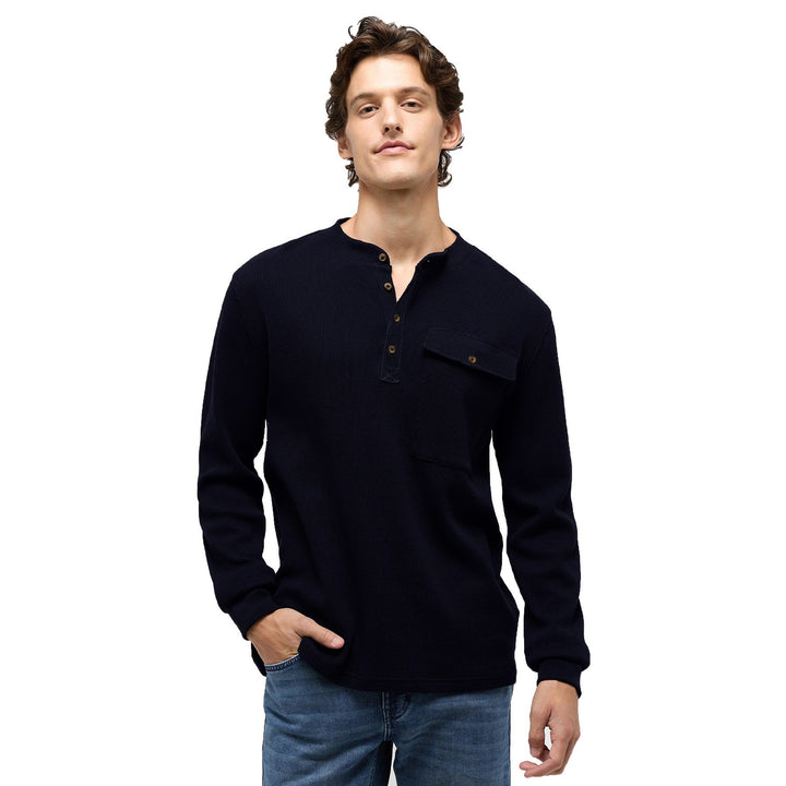 Herren Langarm-Henley-Shirt aus hochwertiger, strukturiertem Baumwolle Echoarchiv