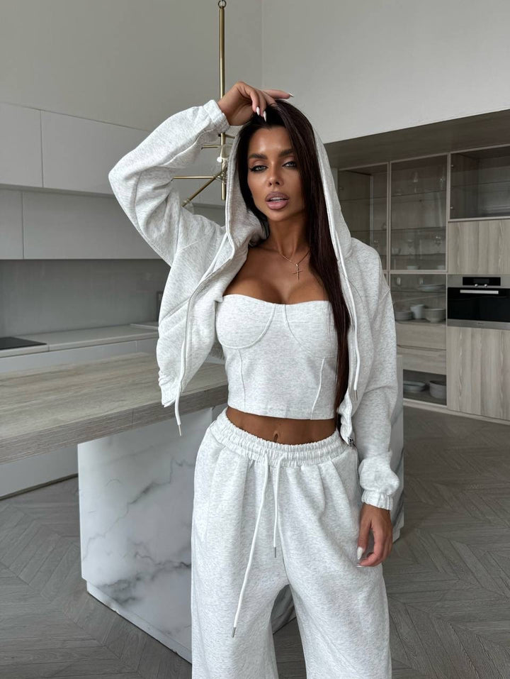 Damen Sculpting-Corsagen-Crop mit Kapuzen-Zipjacke und weiter High-Waist-Jogginghose – Avérine