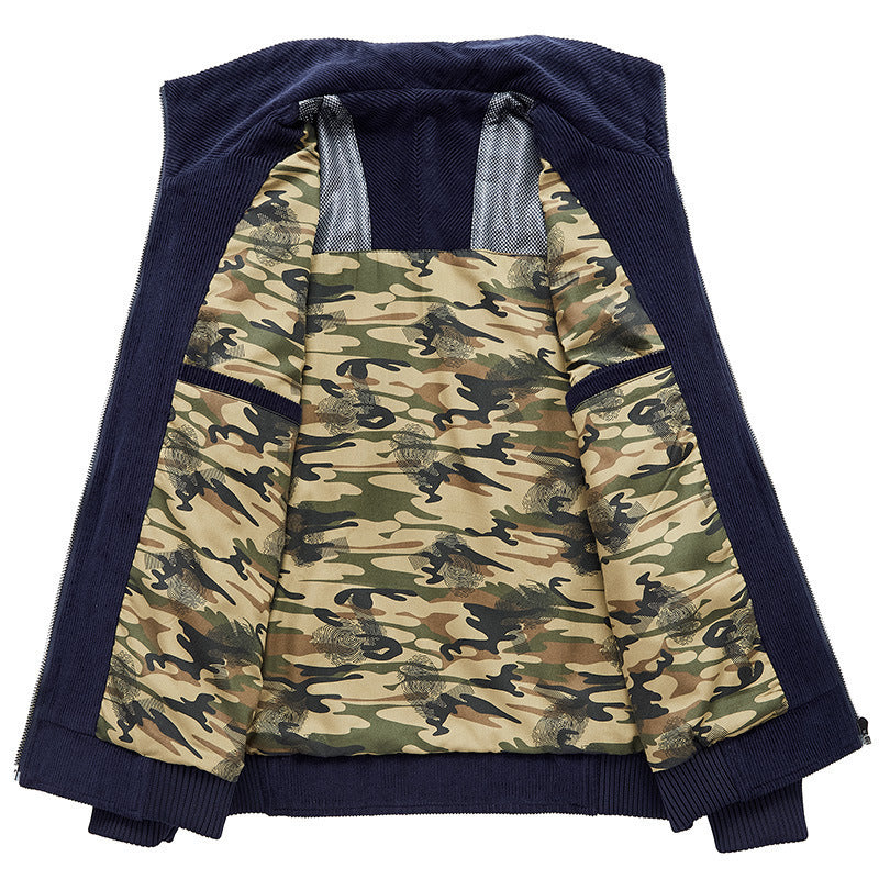 Herren Kordjacke mit Reißverschluss, Stehkragen und Camouflage-Futter – Taviero