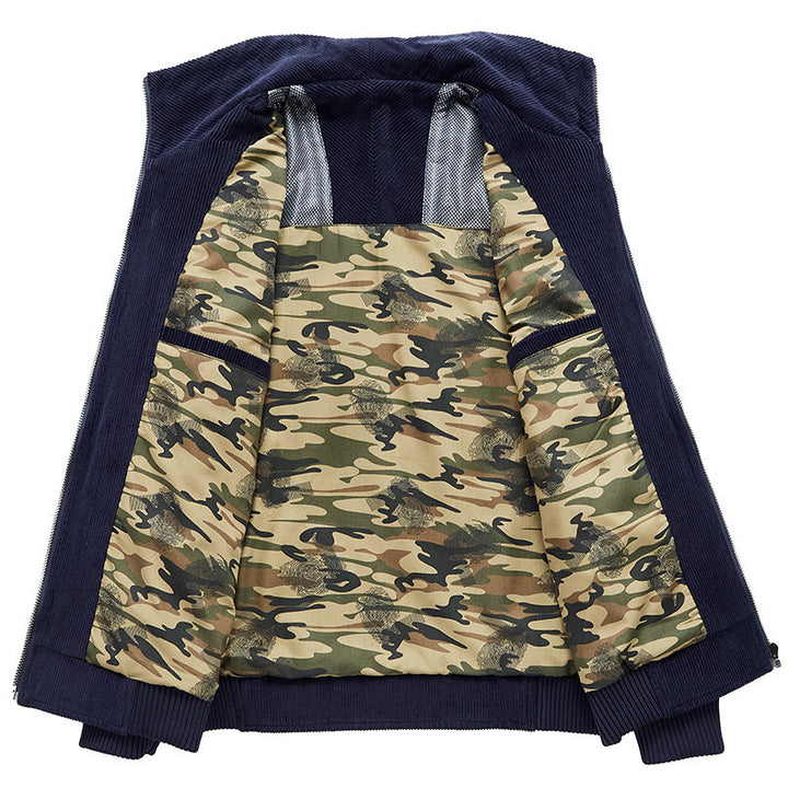 Herren Kordjacke mit Reißverschluss, Stehkragen und Camouflage-Futter – Taviero