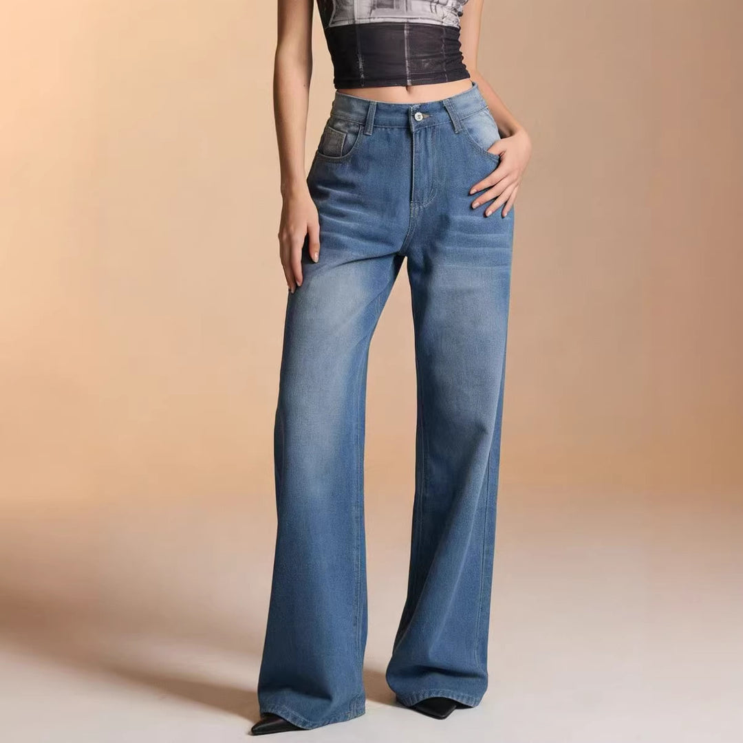Damen weite Denim-Hose mit Vintage-Waschung und hoch geschnittenem Bund Echo Archiv