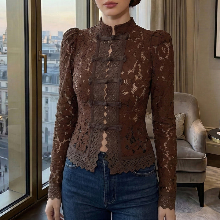 Damen Spitzenbluse mit strukturierten Details und elegantem Stehkragen Echo Archiv