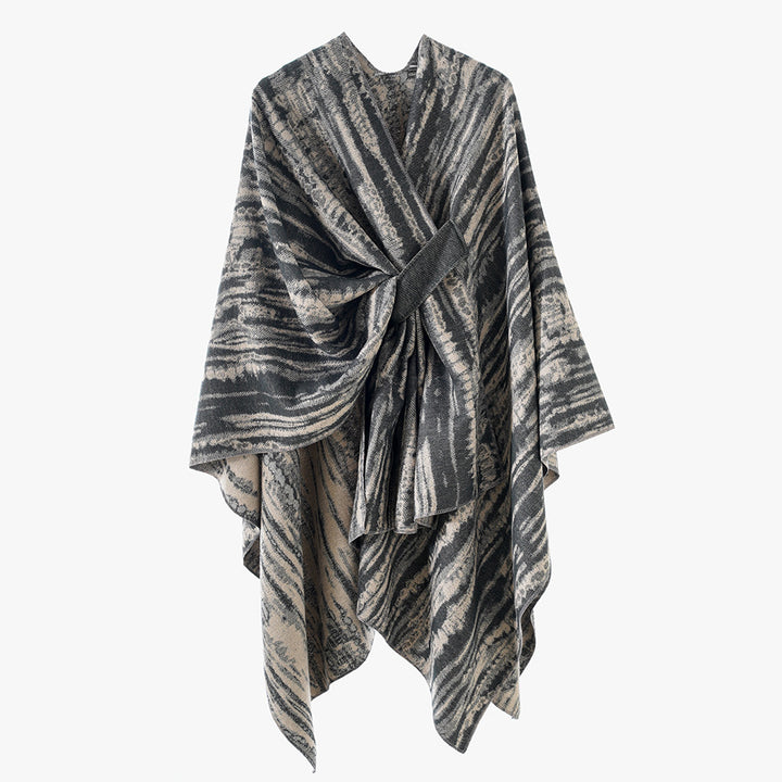 Damen Jacquard-Cape-Überwurf mit strukturierter Wellenoptik, Bindegürtel und asymmetrischem Zipfelsaum – Montévia