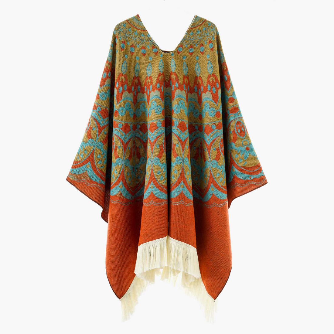 Damen Gewebter Jacquard-Poncho mit V-Ausschnitt, Ethno‑Print und Fransen – Avérine