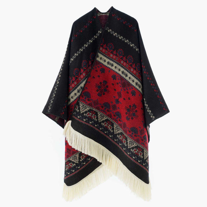 Damen Jacquard‑Ruana mit Fransen und folklorem Muster – Avérine