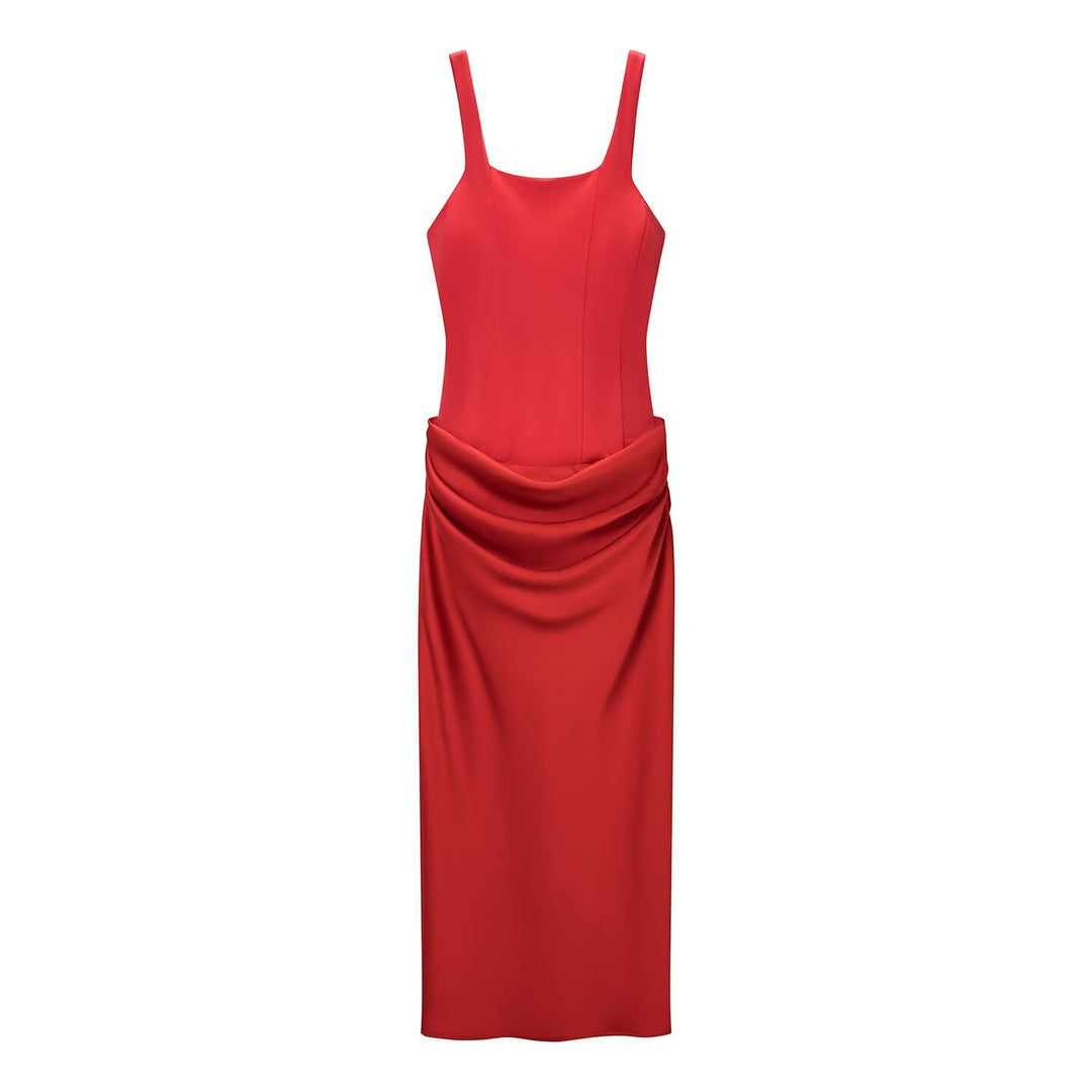 Damen elegantes Midikleid mit raffinierten Drapierungen und verstellbaren Spaghettiträgern Echo Archiv