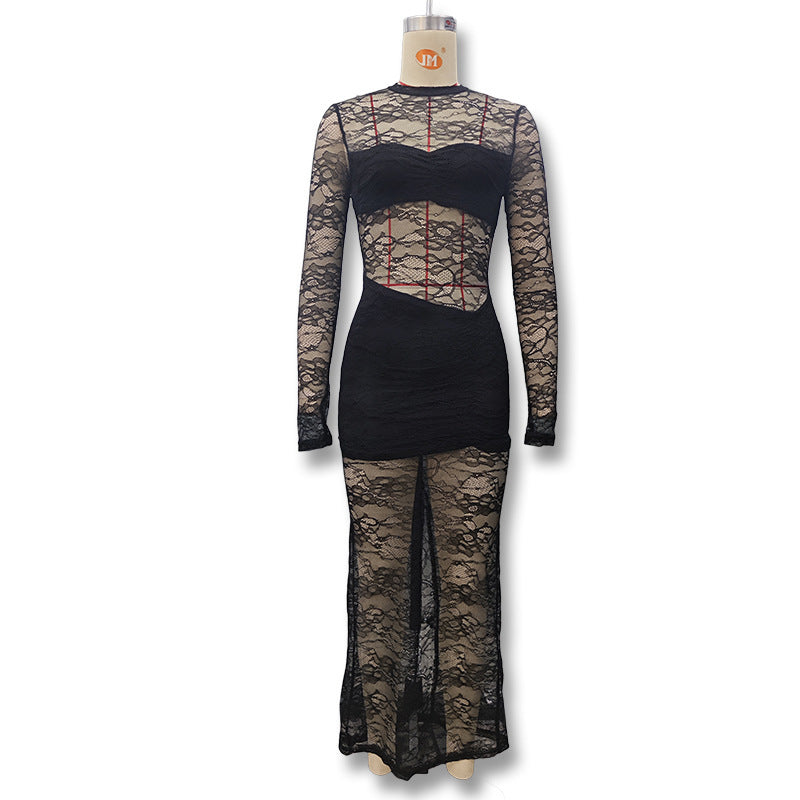 Damen Elegantes Spitzenkleid mit hohem Kragen und langem Ärmel Echo Archiv