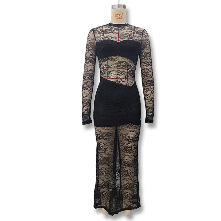 Damen Elegantes Spitzenkleid mit hohem Kragen und langem Ärmel Echo Archiv