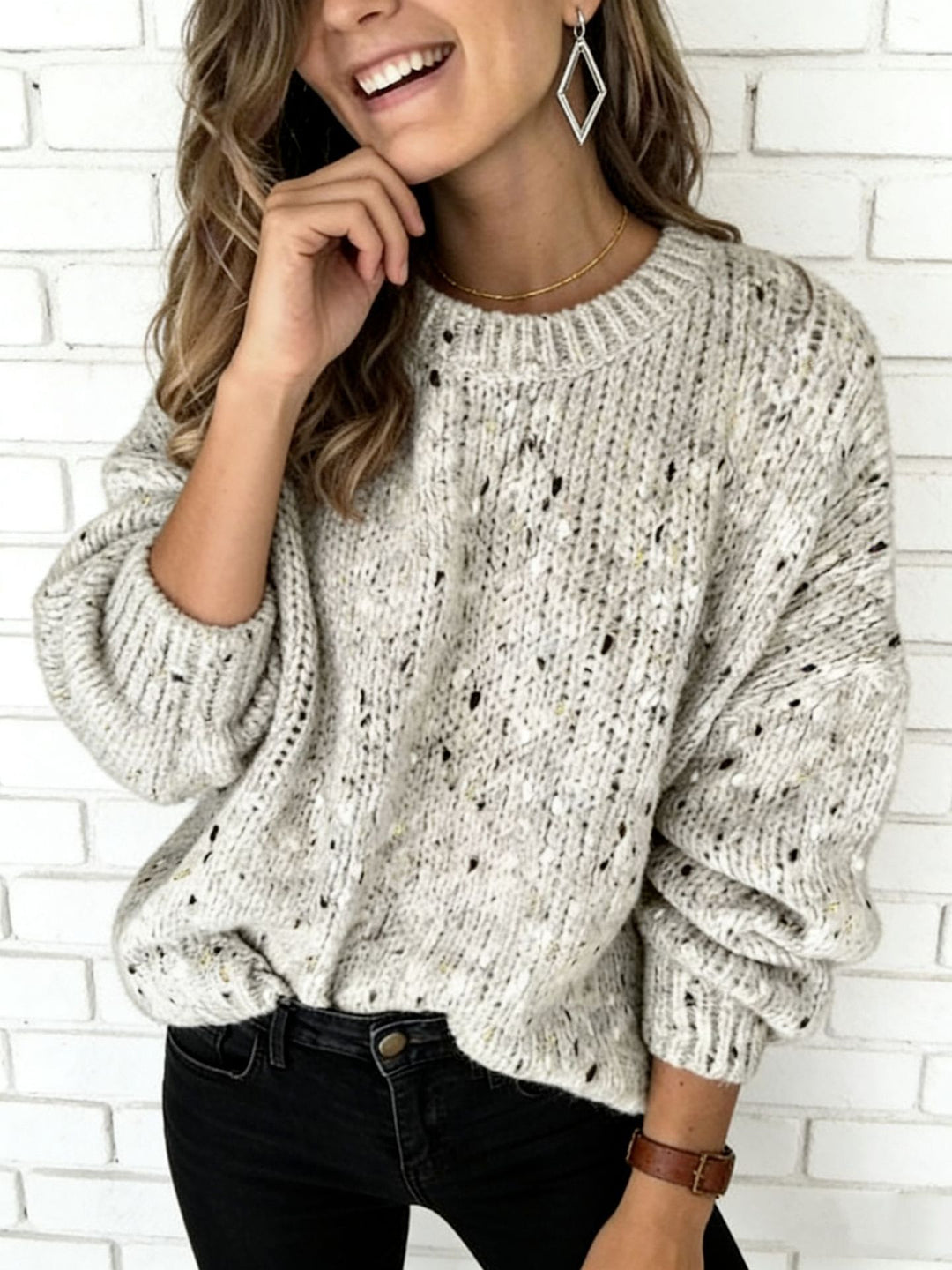 Damen Lockerer Mohair‑Optik Ajour‑Pullover mit Ballonärmeln – Mavelle