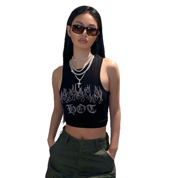 Damen Crop-Top mit auffälligem Flammenmotiv und glänzenden Akzenten Echo Archiv