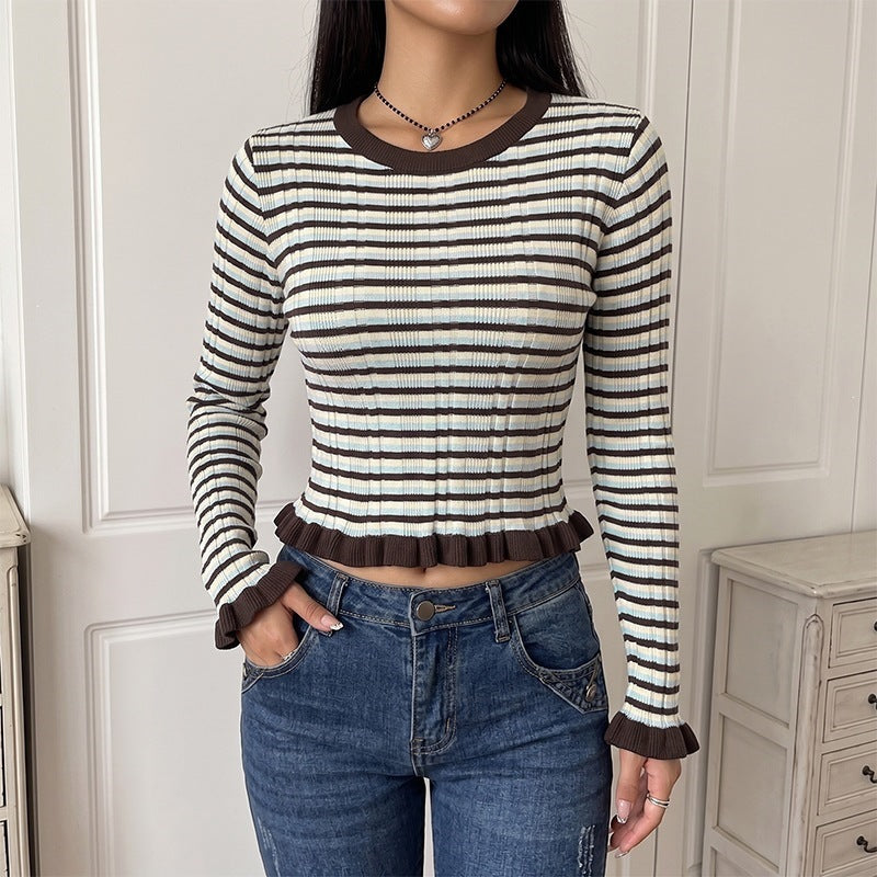 Damen Elegantes gestreiftes Crop-Top mit Rüschendetails Echo Archiv