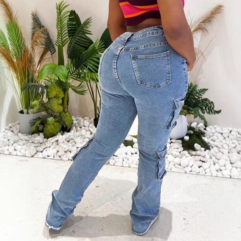 Damen Cargo-Denim-Jeans mit hoher Taille, Slim‑Fit-Hüfte und aufgesetzten Utility-Taschen Echo Archiv