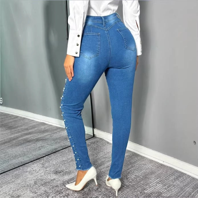 Damen Figurformende hochtaillierte Skinny-Jeans mit seitlicher Perlenzier Echo Archiv