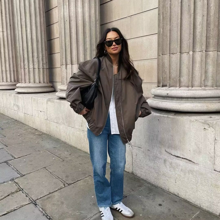 Unisex leichter Oversize-Bomber mit durchgehendem Metallreißverschluss geripptem Kragen und elastischem Saum – Brevano