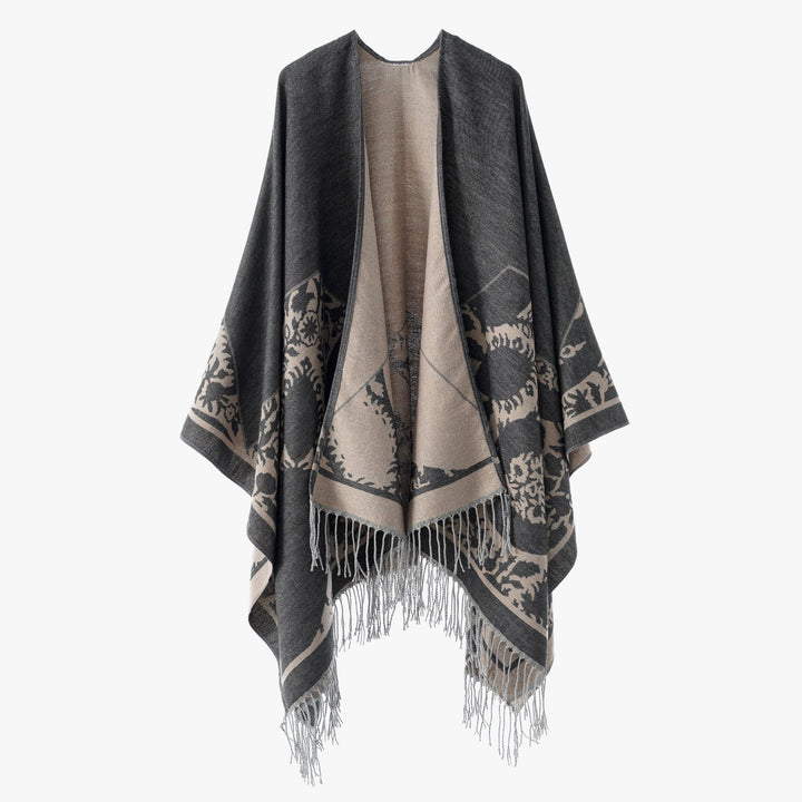Damen Wendbarer Feinstrick-Poncho mit Jacquardmuster und Fransensaum Echo Archiv